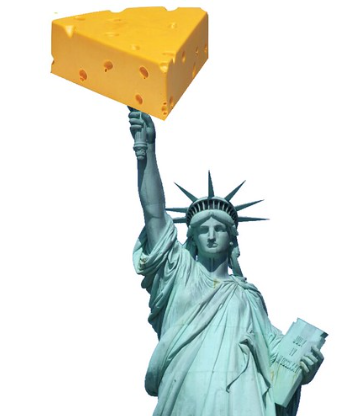 The Statue of Liberty holding a large wedge of cheese in place of the torch, with the rest of the figure remaining unchanged against a white background.