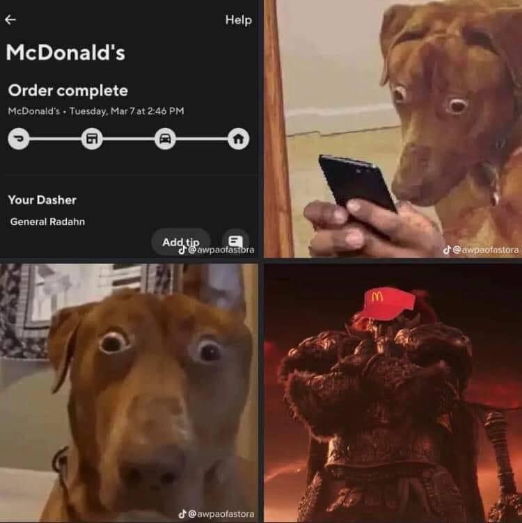 Four-panel meme: Top-left shows McDonald's order details, assigned to a "General Radahn." Top-right panel features a shocked dog staring at a phone. Bottom-left, same dog still looking shocked. Bottom-right, edited image of Radahn wearing McDonald's cap and armor. Elden Ring memes crossovers at their finest!