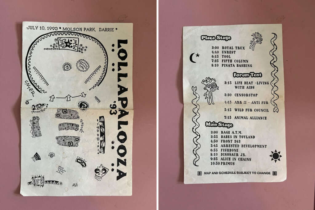 An old Lollapalooza '93 concert leaflet from July 10, 1993, at Molson Park, Barrie. The front features a hand-drawn map of the event layout, while the back lists band performance times for different stages, alongside forum explanations and activity schedules.