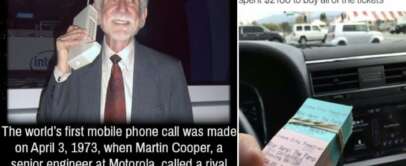 On the left, an older man with white hair holds a large vintage mobile phone to his ear. On the right, a hand holds a thick stack of Star Wars premiere tickets. The caption discusses Martin Cooper's first mobile phone call and a brother buying all premiere tickets.