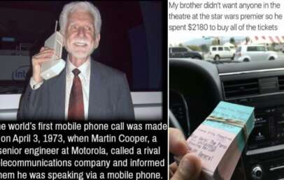 On the left, an older man with white hair holds a large vintage mobile phone to his ear. On the right, a hand holds a thick stack of Star Wars premiere tickets. The caption discusses Martin Cooper's first mobile phone call and a brother buying all premiere tickets.