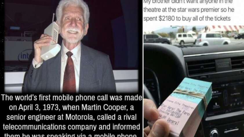 On the left, an older man with white hair holds a large vintage mobile phone to his ear. On the right, a hand holds a thick stack of Star Wars premiere tickets. The caption discusses Martin Cooper's first mobile phone call and a brother buying all premiere tickets.