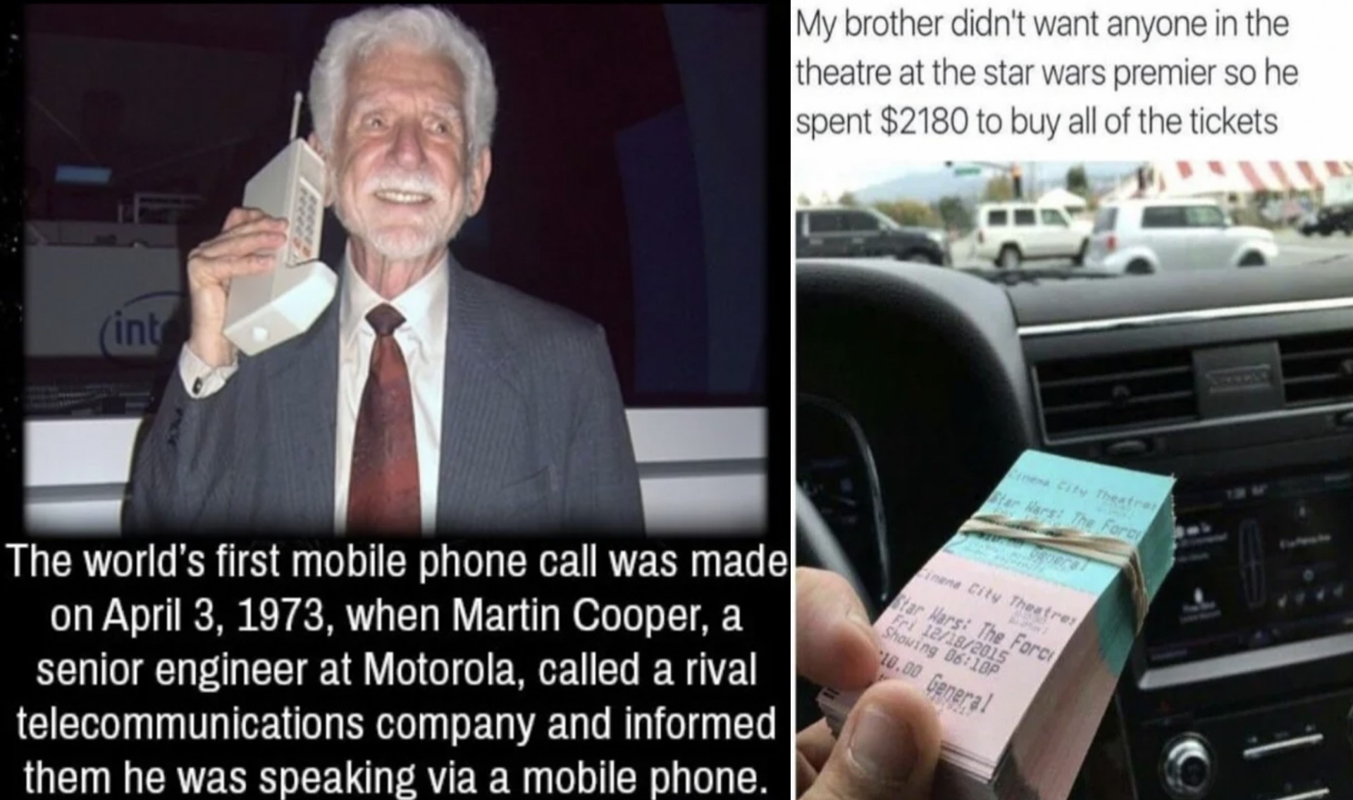 On the left, an older man with white hair holds a large vintage mobile phone to his ear. On the right, a hand holds a thick stack of Star Wars premiere tickets. The caption discusses Martin Cooper's first mobile phone call and a brother buying all premiere tickets.