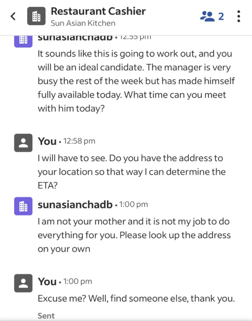 A text conversation. One participant labeled "sunasianchadlb" mentions the manager's busy schedule but availability today. The other, "You," asks for the address. "sunasianchadlb" responds rudely, leading "You" to decline further interaction.