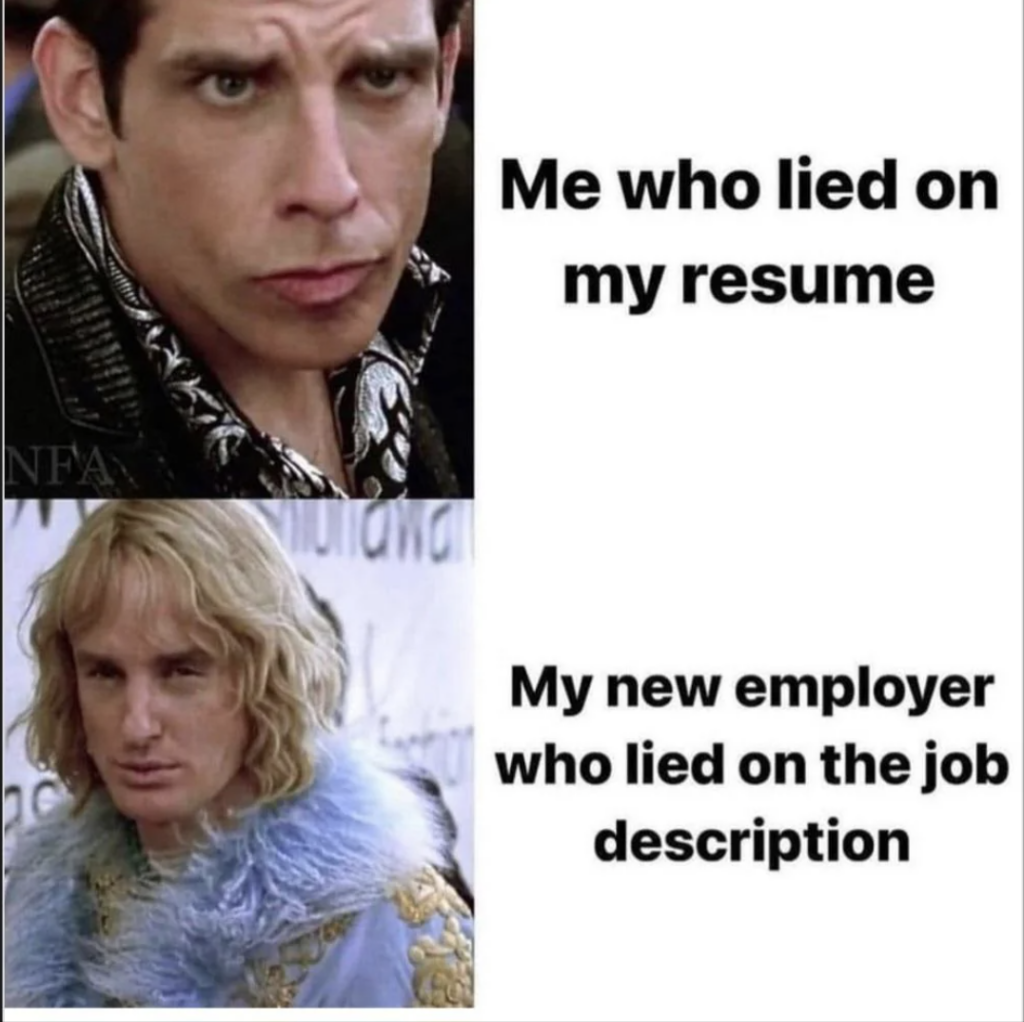 The image is a meme with two panels. The top panel shows a close-up of a serious-looking person with the caption "Me who lied on my resume." The bottom panel shows a person with blonde hair and a concerned expression, captioned "My new employer who lied on the job description.