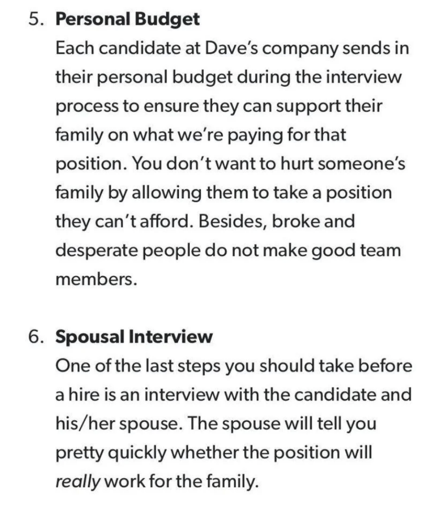 Text excerpt with two sections: 5. Personal Budget and 6. Spousal Interview. The Personal Budget section discusses evaluating candidates' financial ability to support their family. The Spousal Interview section involves interviewing the candidate's spouse to assess the job's suitability.