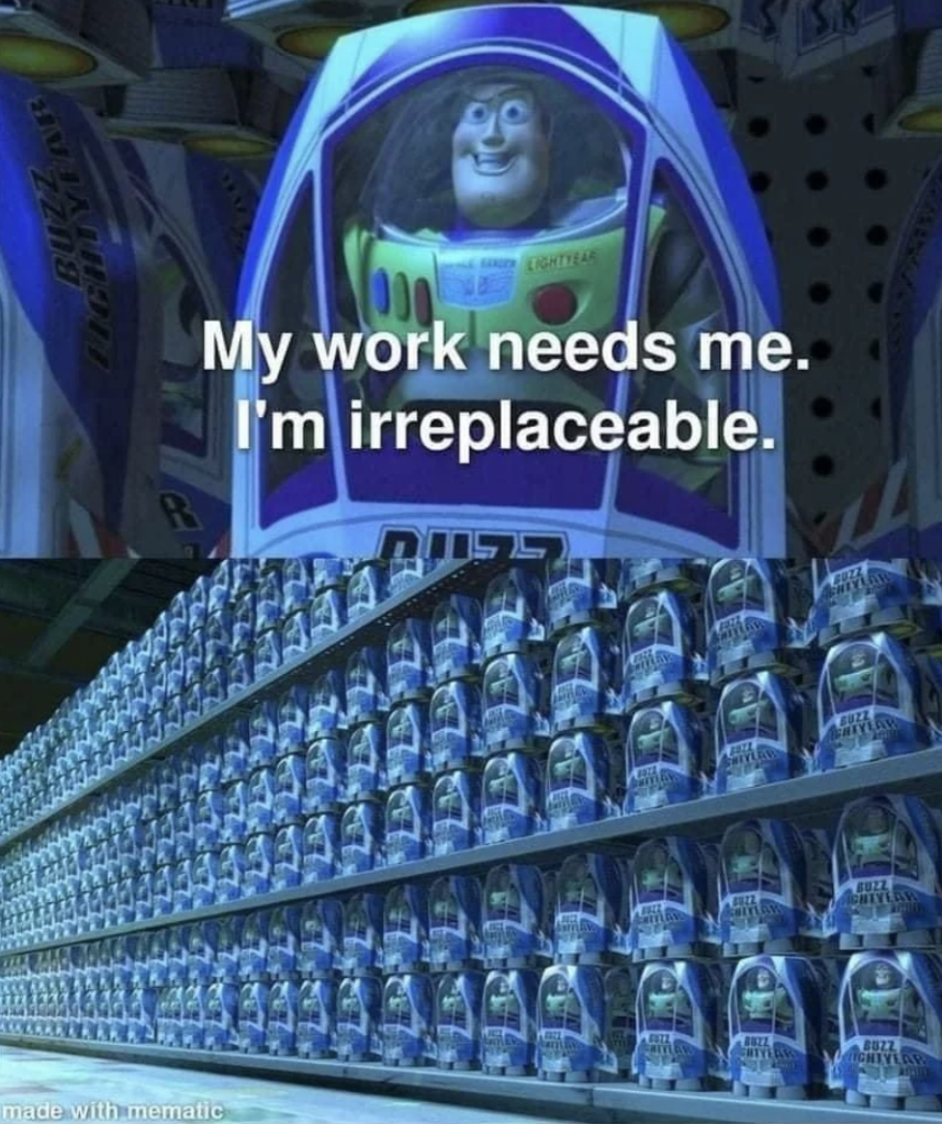 An image of Buzz Lightyear in packaging, stating, "My work needs me. I'm irreplaceable." Below this, there is a long warehouse shelf lined with numerous identical Buzz Lightyear figures in the same packaging, suggesting he is, in fact, replaceable.