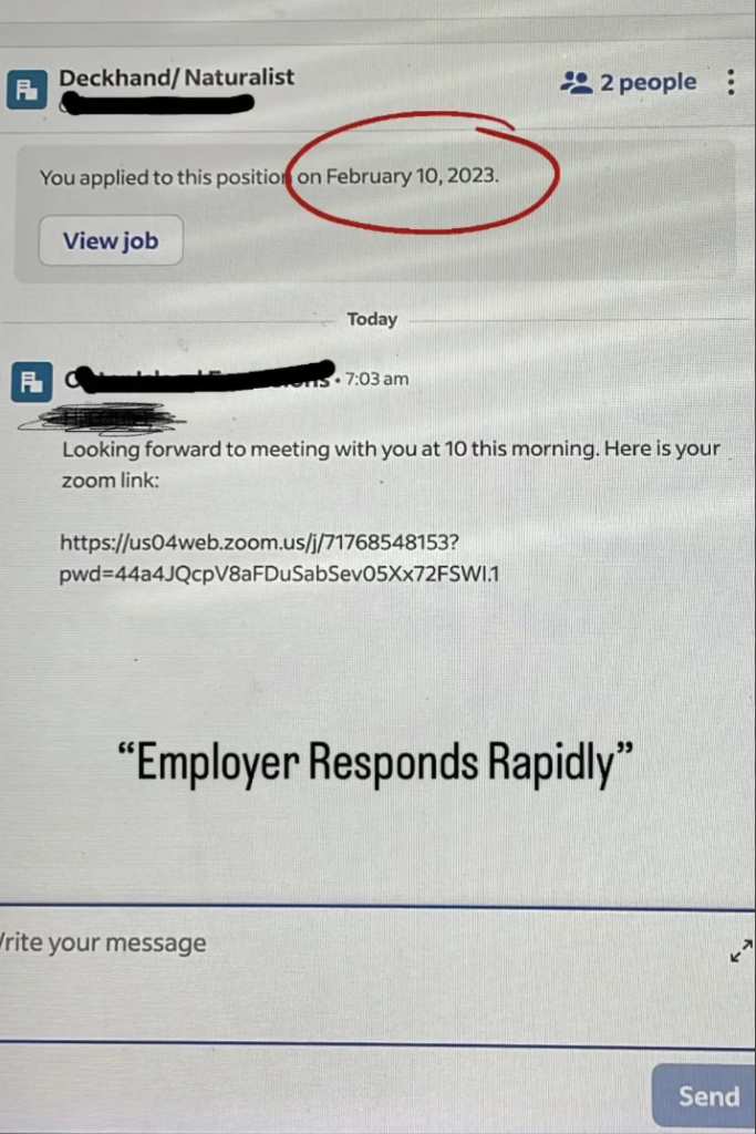 A screenshot shows a job application message stating "You applied to this position on February 10, 2023." Below, a response received at 7:03 am reads, "Looking forward to meeting with you at 10 this morning. Here is your zoom link," followed by a Zoom link.