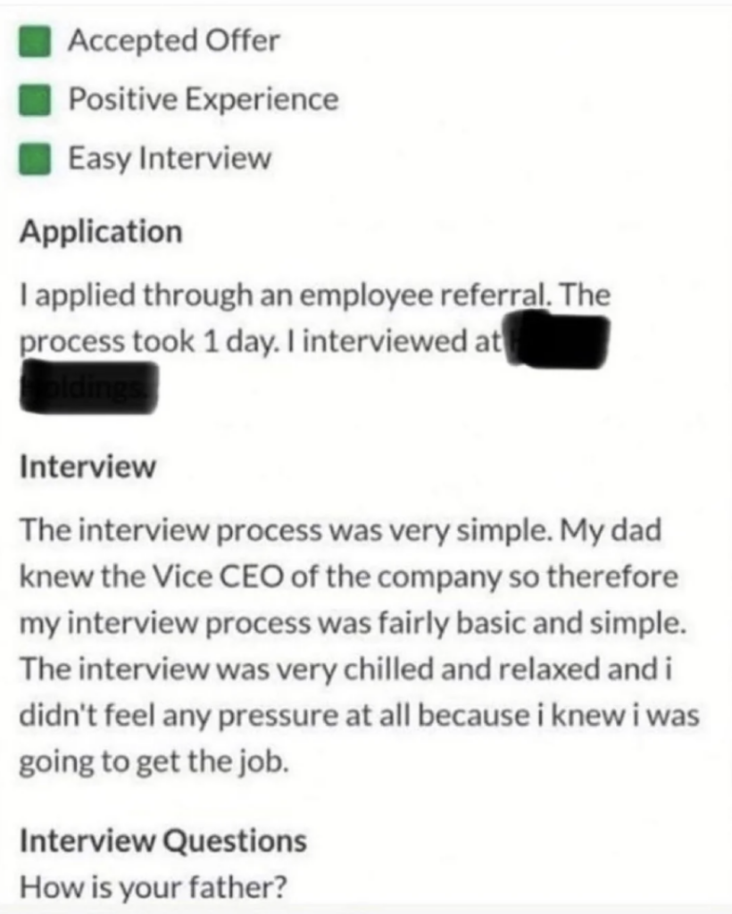 A screenshot of a person's application story. Their experience is marked by green checkmarks next to "Accepted Offer", "Positive Experience", and "Easy Interview". They mention a simple interview process due to a referral and connection with the Vice CEO.