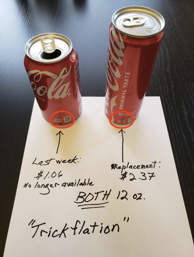 Two cans of Coca-Cola are pictured, both are 12 ounces. One can is labeled "Last week: $1.06 No longer available," and the other can is labeled "Replacement: $2.37." The word "Trickflation" is written at the bottom of the paper beneath the cans.