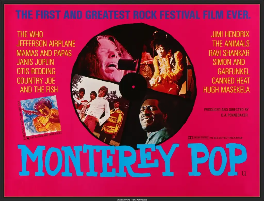 Vintage red and pink 'Monterey Pop' poster with images of musicians and bands in a vinyl record shape. Features names like The Who, Janis Joplin, Jimi Hendrix, and Simon & Garfunkel. Advertises "The First and Greatest Rock Festival Film Ever.