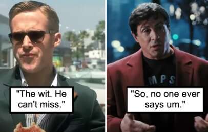 The image is a split-screen of two men. The left side shows a man with sunglasses eating a sandwich outdoors with the caption, "The wit. He can't miss." The right side shows a man in a red blazer, speaking with the caption, "So, no one ever says um.