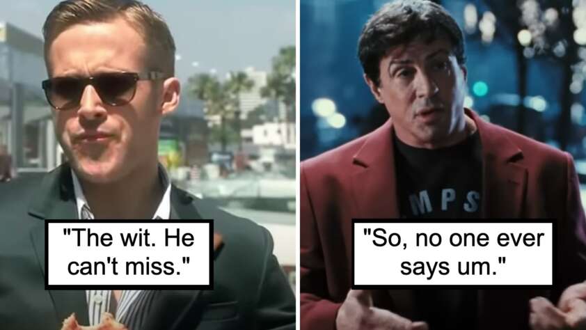 The image is a split-screen of two men. The left side shows a man with sunglasses eating a sandwich outdoors with the caption, "The wit. He can't miss." The right side shows a man in a red blazer, speaking with the caption, "So, no one ever says um.