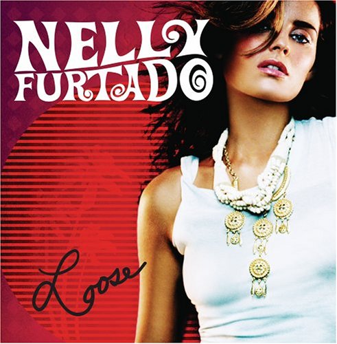 Album cover art for Nelly Furtado's "Loose," featuring Nelly with wavy hair in a white tank top against a red-toned background. The background includes a red circle and wavy lines, with her name and the album title written in stylized fonts.