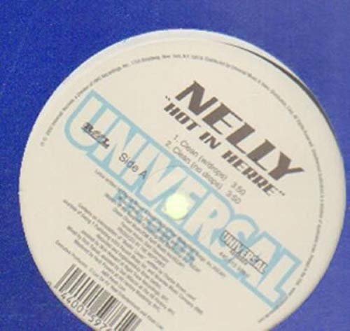 A close-up photo of a vinyl record label with the text "NELLY HOT IN HERRE" prominently displayed. The label also includes a list of tracks and the Universal Records logo in the background. The background is a solid blue color.