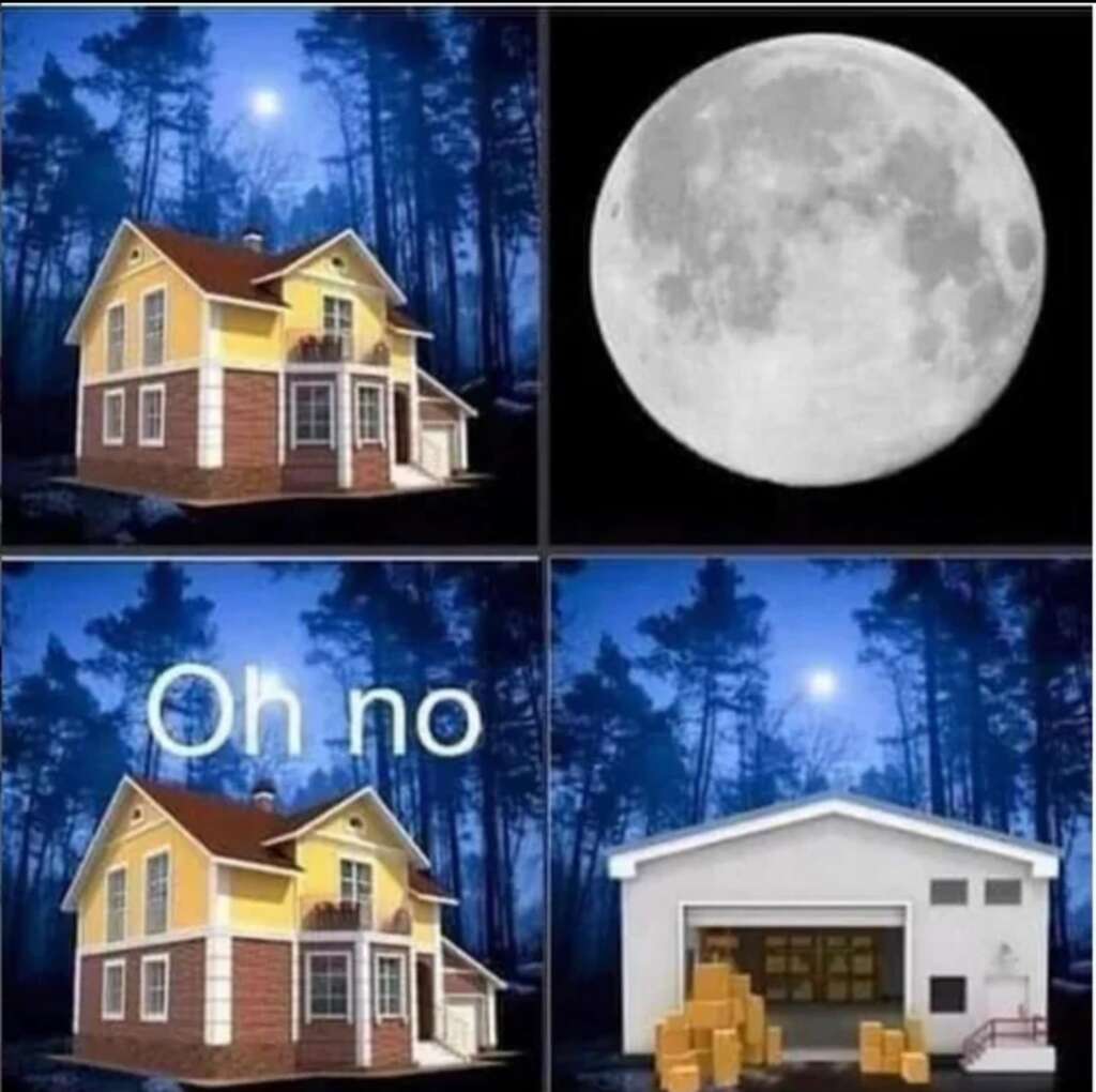 A four-panel meme. Top left: A yellow house in a forest at night with a full moon. Top right: A close-up of the full moon. Bottom left: The yellow house with the text "Oh no". Bottom right: A white Amazon warehouse with boxes visible inside, under the moonlit sky.