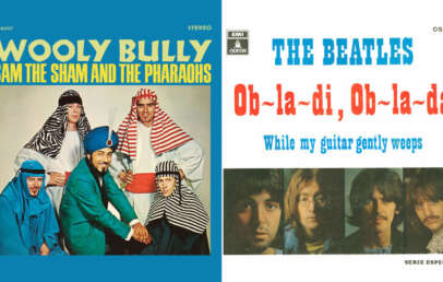 A composite image of two album covers. The left cover features the album "Wooly Bully" by Sam the Sham and the Pharaohs with the band members wearing Middle-Eastern-inspired costumes. The right cover is "Ob-La-Di, Ob-La-Da" by The Beatles displaying band portraits.