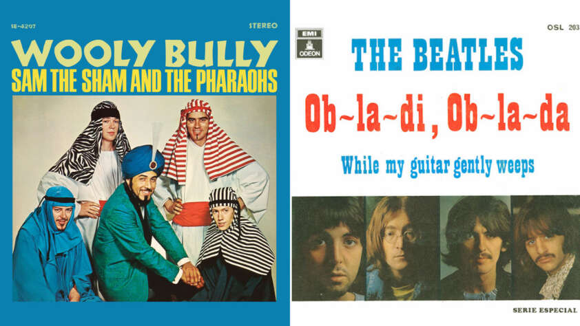 A composite image of two album covers. The left cover features the album "Wooly Bully" by Sam the Sham and the Pharaohs with the band members wearing Middle-Eastern-inspired costumes. The right cover is "Ob-La-Di, Ob-La-Da" by The Beatles displaying band portraits.