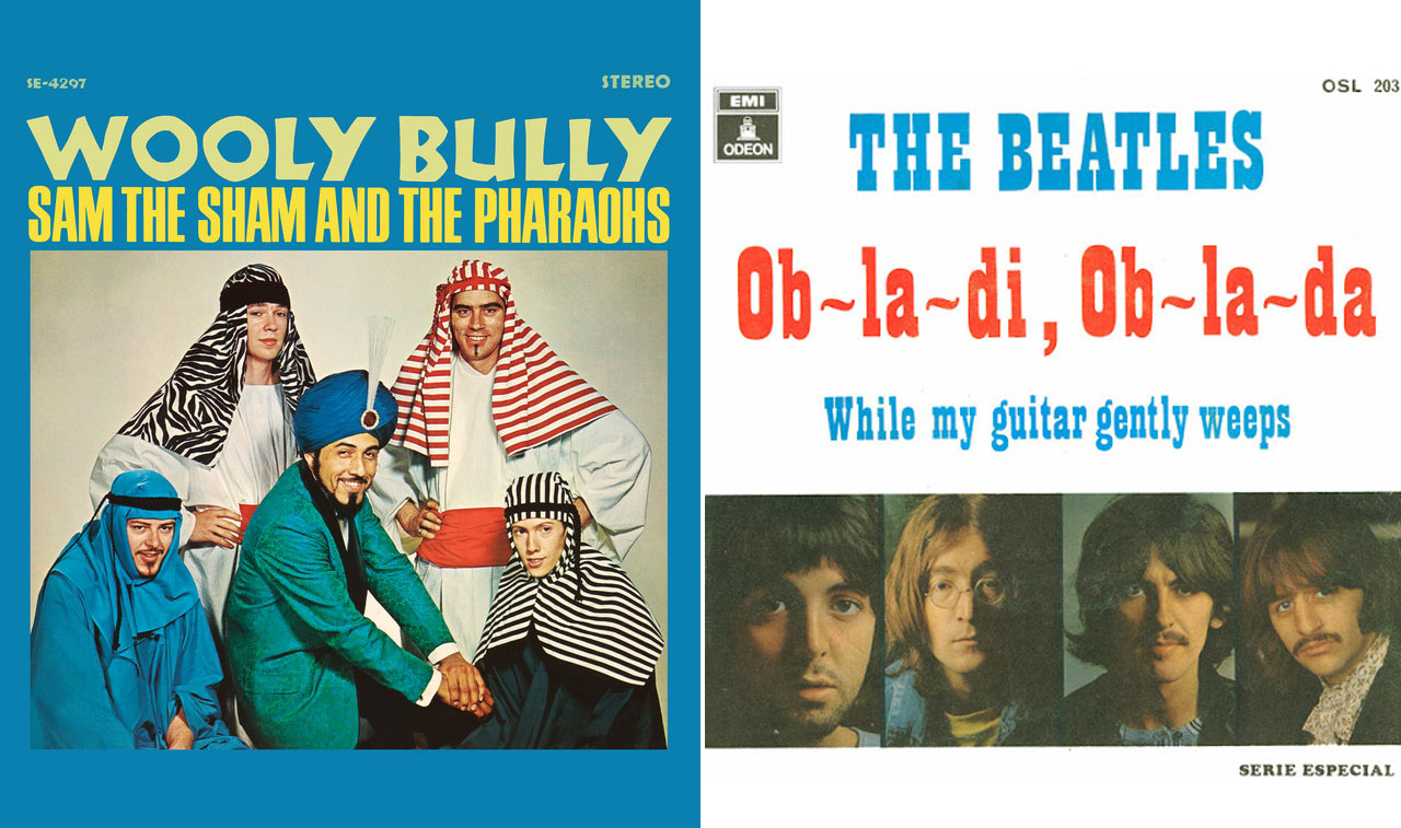 A composite image of two album covers. The left cover features the album "Wooly Bully" by Sam the Sham and the Pharaohs with the band members wearing Middle-Eastern-inspired costumes. The right cover is "Ob-La-Di, Ob-La-Da" by The Beatles displaying band portraits.