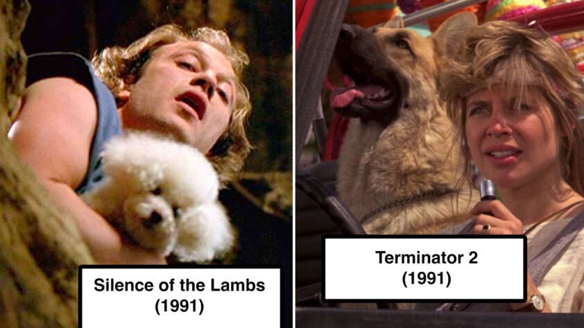 Split image: Left side shows a person with curly blonde hair holding a white poodle from "Silence of the Lambs" (1991). Right side shows a woman with tousled hair, a German Shepherd dog, and holding a walkie-talkie from "Terminator 2" (1991). Labels are present.