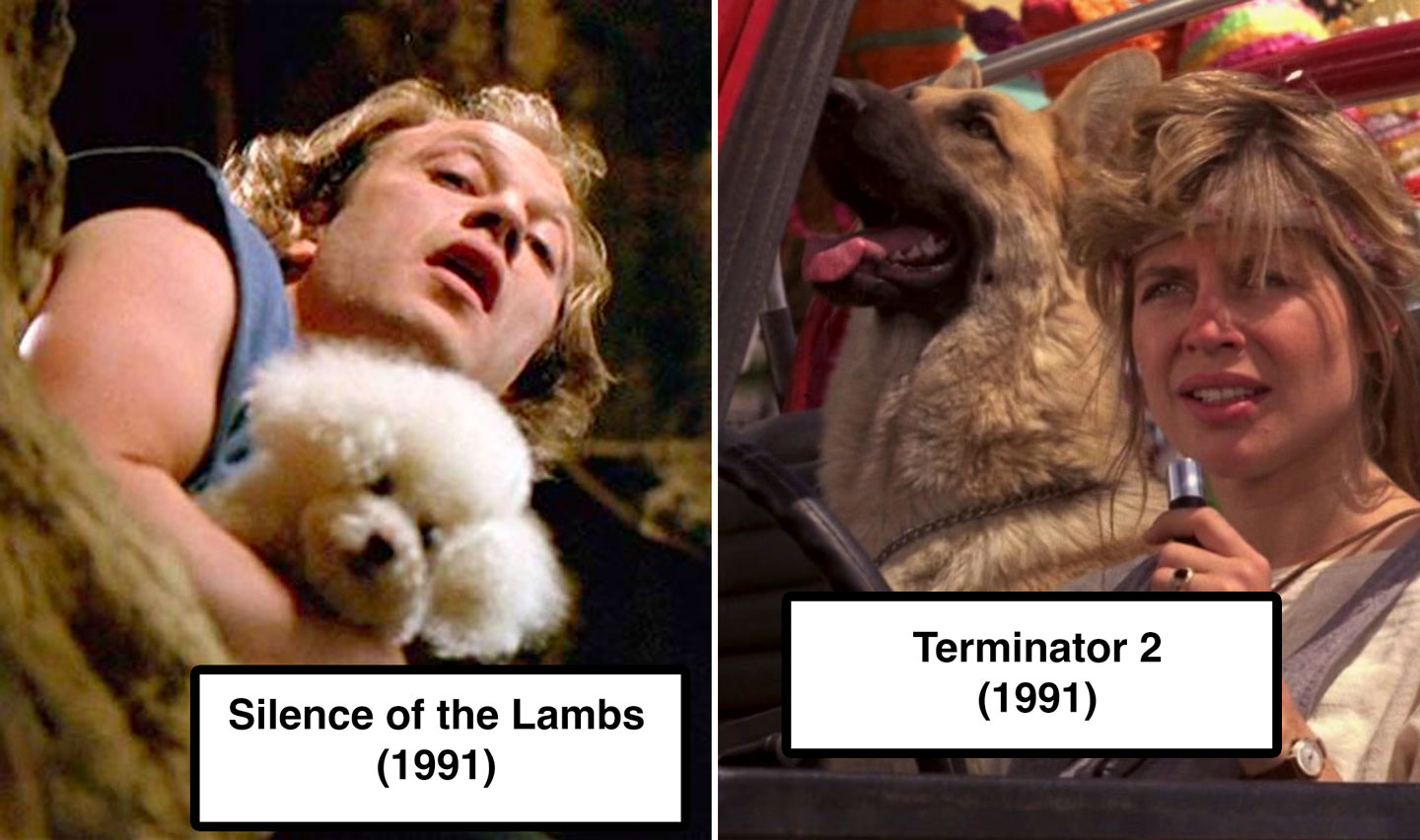 Split image: Left side shows a person with curly blonde hair holding a white poodle from "Silence of the Lambs" (1991). Right side shows a woman with tousled hair, a German Shepherd dog, and holding a walkie-talkie from "Terminator 2" (1991). Labels are present.