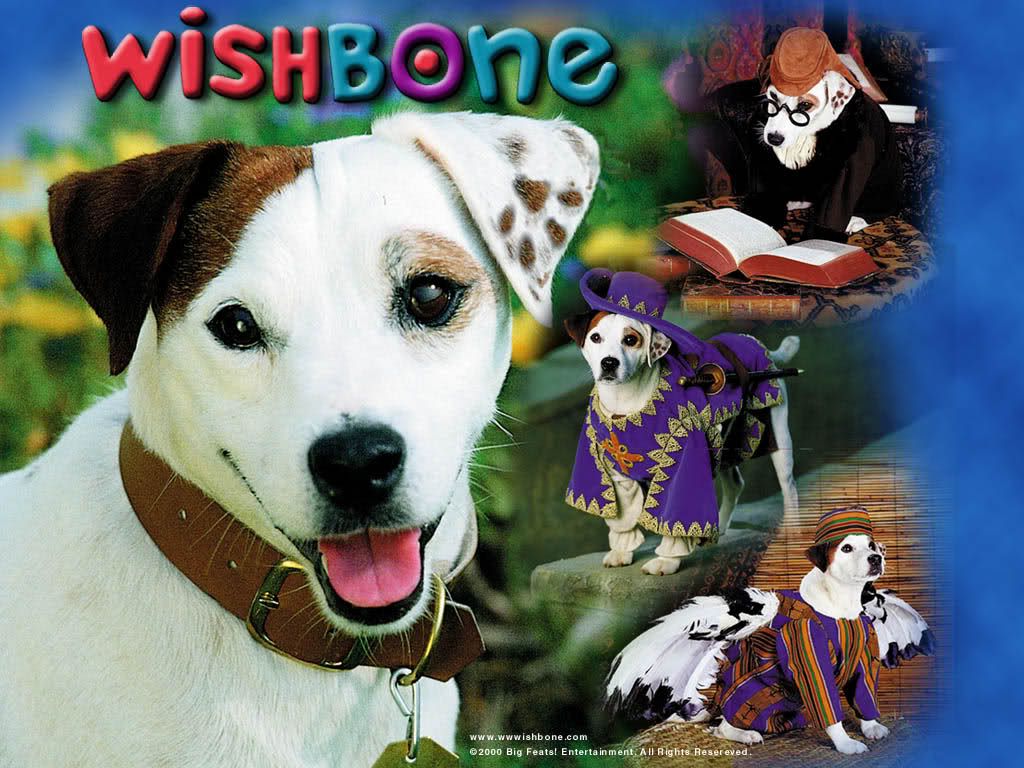 Image of a Jack Russell Terrier dog with the text "WISHBONE". The dog is shown in its natural state and in three costumes: reading a book, dressed as a medieval knight, and as a Renaissance figure. The background is a gradient of blue hues.