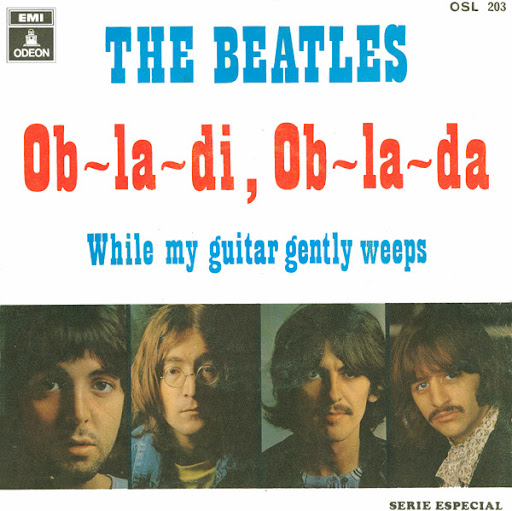 Album cover for "The Beatles" featuring "Ob-La-Di, Ob-La-Da" and "While My Guitar Gently Weeps." The cover shows four individual photos of the band members with their expressions. The EMI Odeon logo is at the top left corner and the code "OSL 203" at the top right.