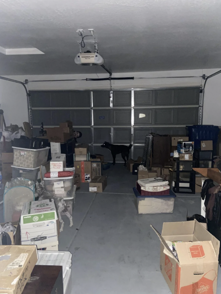 A cluttered garage with numerous cardboard boxes and items stacked on both sides, leaving a narrow path in the center. A black dog stands in the middle of the garage, facing towards the back. The garage door is closed, and a ceiling light provides illumination.
