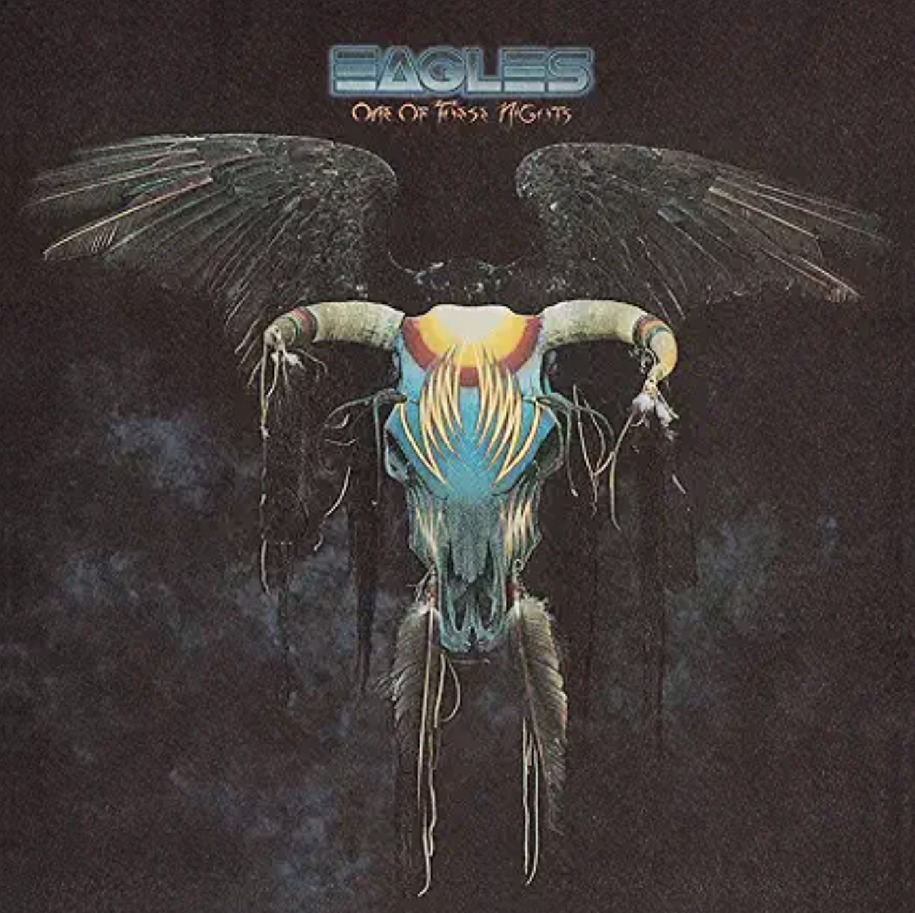 Album cover for "One of These Nights" by Eagles. It features a stylized, colorful skull of a longhorn steer with wings against a dark, smoky background. The band's name is at the top in a neon blue font.