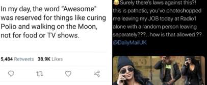 Screenshot of a Twitter exchange: Neil deGrasse Tyson tweets about the word "awesome" being overused, with Merriam-Webster replying just "Neil." On the right, Maya Jama accuses DailyMailUK of photoshopping false content, showing concern about how it's allowed.