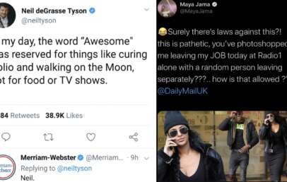 Screenshot of a Twitter exchange: Neil deGrasse Tyson tweets about the word "awesome" being overused, with Merriam-Webster replying just "Neil." On the right, Maya Jama accuses DailyMailUK of photoshopping false content, showing concern about how it's allowed.