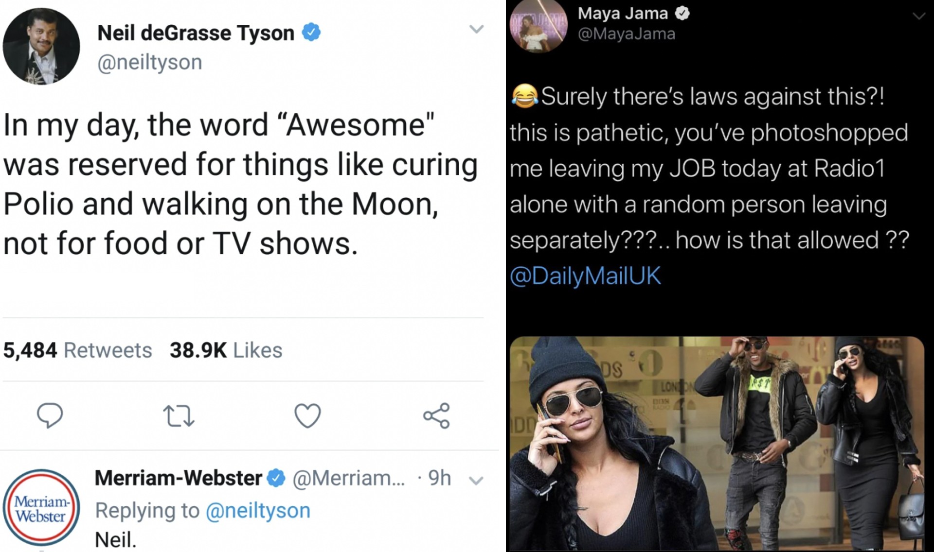 Screenshot of a Twitter exchange: Neil deGrasse Tyson tweets about the word "awesome" being overused, with Merriam-Webster replying just "Neil." On the right, Maya Jama accuses DailyMailUK of photoshopping false content, showing concern about how it's allowed.