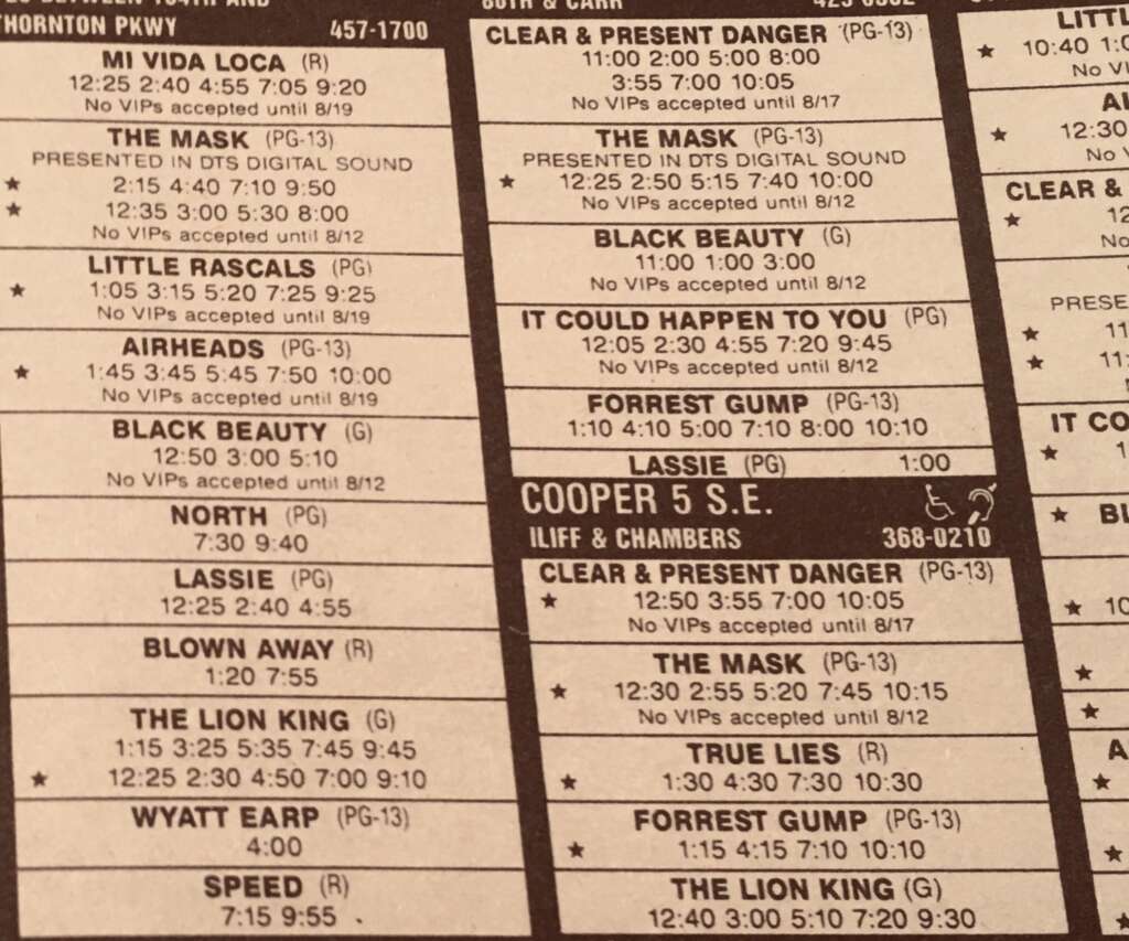 A black-and-white newspaper listing of movie showtimes for various theaters. The list includes titles such as "The Mask," "Black Beauty," "Forrest Gump," and "The Lion King," along with their showtimes, ratings, and formats (e.g., “DIGITAL SOUND”).
