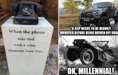 A two-part image: The left shows a vintage rotary phone on a pedestal with a sign saying, "When the phone was tied with a wire - Humans were free." The right features two Jeep memes: "A JEEP NEEDS TO BE HEAVILY MODIFIED BEFORE BEING DRIVEN OFF ROAD." and "OK, MILLENNIAL!" showing an off-road Jeep.