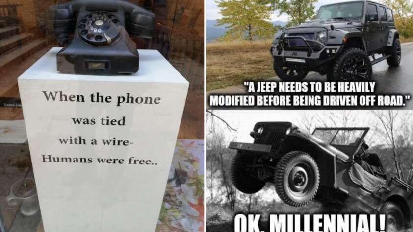 A two-part image: The left shows a vintage rotary phone on a pedestal with a sign saying, "When the phone was tied with a wire - Humans were free." The right features two Jeep memes: "A JEEP NEEDS TO BE HEAVILY MODIFIED BEFORE BEING DRIVEN OFF ROAD." and "OK, MILLENNIAL!" showing an off-road Jeep.