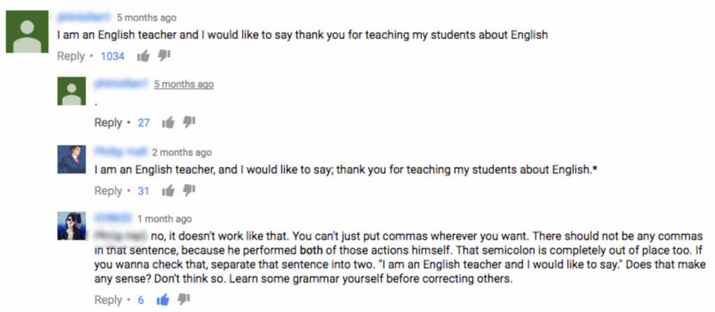 A screenshot of an online comment thread about punctuation. The initial comment thanks someone for teaching students about English with over 1000 likes and replies. Subsequent comments include another similar thank you message and a critical response about proper punctuation usage.