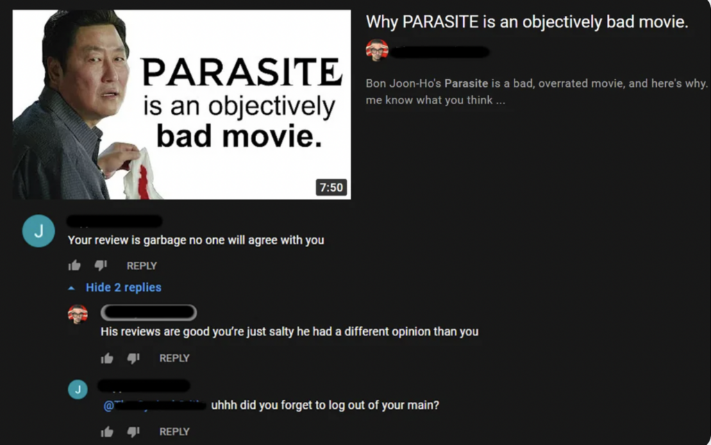 A video on "Why PARASITE is an objectively bad movie" shows a YouTube comment section discussing the movie. One commenter criticizes the video, another defends the reviewer's opinion, and a third person points out a possible double account use by the video's author.