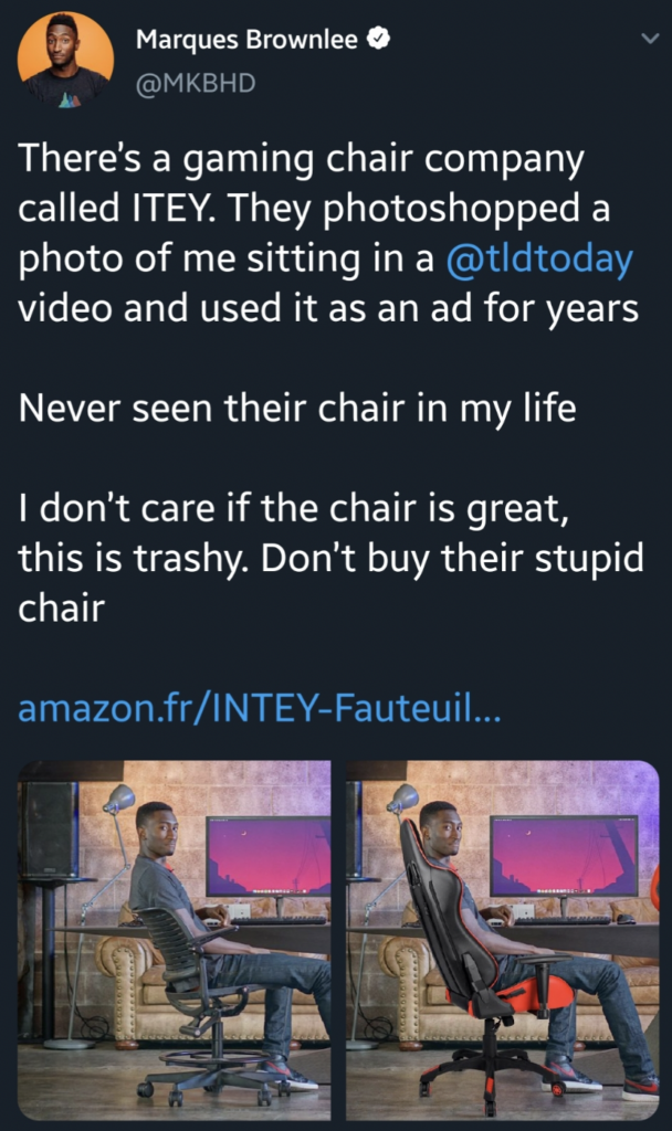 A tweet by Marques Brownlee showing two side-by-side images featuring him sitting in a gaming chair. The tweet expresses frustration about the gaming chair company ITEY using a photoshopped image of him without permission for an advertisement.