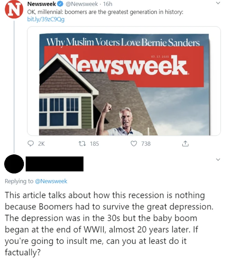 A screenshot of a Twitter exchange. The top tweet is from Newsweek, with an article titled "Why Muslim Voters Love Bernie Sanders" and an image of Bernie Sanders. A reply tweet below criticizes Newsweek for misrepresenting historical facts about baby boomers and the Great Depression.