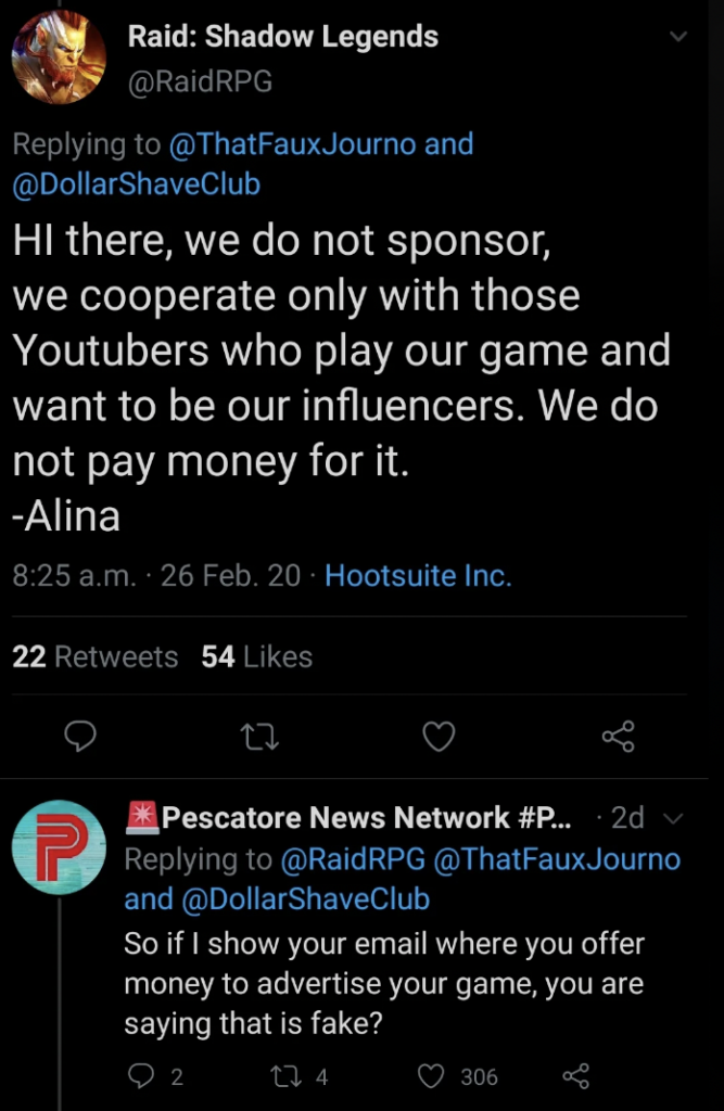 A tweet from Raid: Shadow Legends (@RaidRPG) states that they cooperate only with YouTubers who play their game, and do not pay for influencers. A reply from Pescatore News Network (@...) questions if they deny offering money for advertising the game.