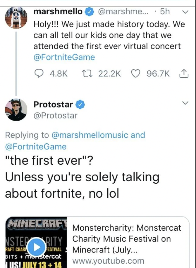 Screenshot of a Twitter thread. The first tweet, by "marshmello," celebrates the first-ever virtual concert in Fortnite. The second tweet, by "Protostar," questions the claim, mentioning an earlier virtual concert in Minecraft and including a YouTube link and image.