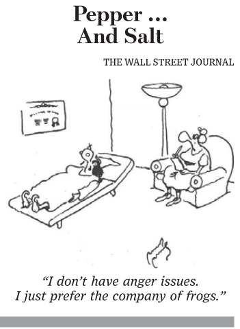 A single-panel cartoon titled "Pepper … And Salt" from The Wall Street Journal. It shows a dog lying on a couch in a therapist's office, talking to a female human therapist who is seated with a notepad. The dog says, "I don't have anger issues. I just prefer the company of frogs.