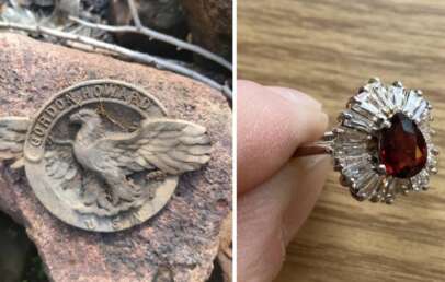 Left: A round metal badge on a rock, featuring an eagle and the words "Gordon Holland U.S." Right: A hand holding a silver ring with a central red gemstone surrounded by clear, baguette-cut stones in a starburst pattern.