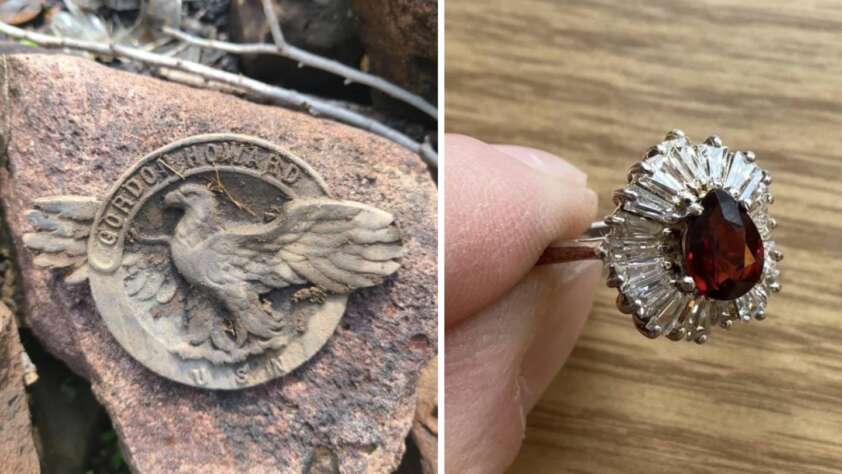 Left: A round metal badge on a rock, featuring an eagle and the words "Gordon Holland U.S." Right: A hand holding a silver ring with a central red gemstone surrounded by clear, baguette-cut stones in a starburst pattern.