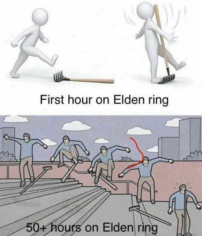 Top half: A stick figure steps on a rake and gets hit in the face. Caption reads, "First hour on Elden Ring". Bottom half: Several figures expertly vault over obstacles using rakes. Caption reads, "50+ hours on Elden Ring." This perfectly encapsulates the humor in Elden Ring memes.