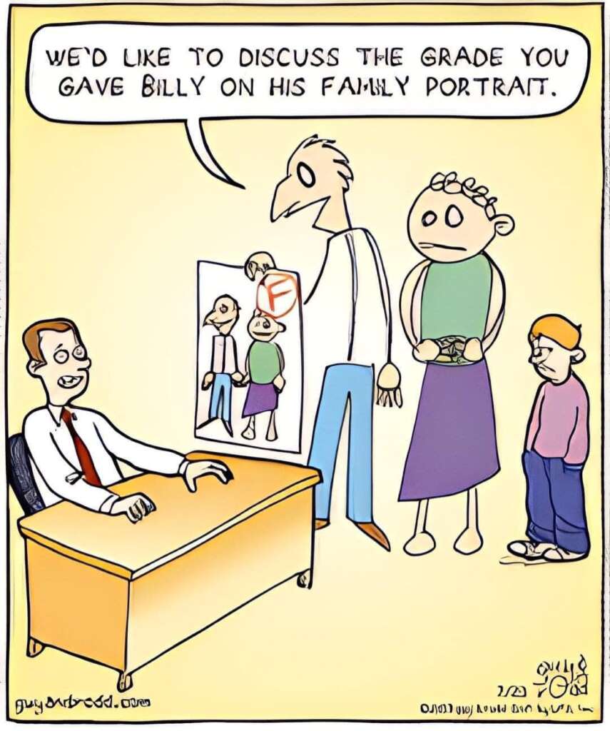 A cartoon shows a child and their parents in a classroom talking to a teacher. The father holds up a family portrait with an "F" grade on it. The parents look upset and the child looks downcast. The teacher, sitting at a desk, has a slight smile.