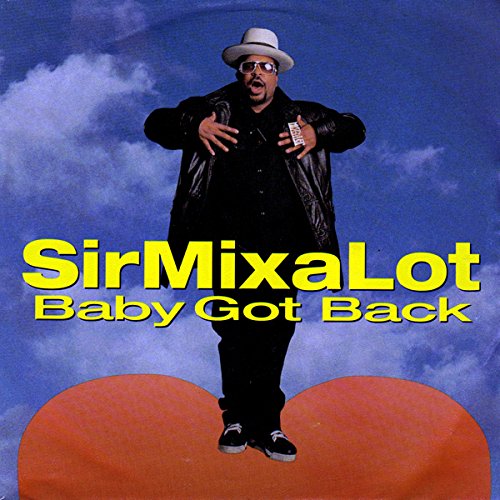 Album cover for "Baby Got Back" by Sir Mix-a-Lot. It features the artist standing against a backdrop of blue sky and clouds, wearing a black jacket, dark pants, a white hat, and sunglasses. The title text appears in bold yellow letters above a stylized red heart shape.