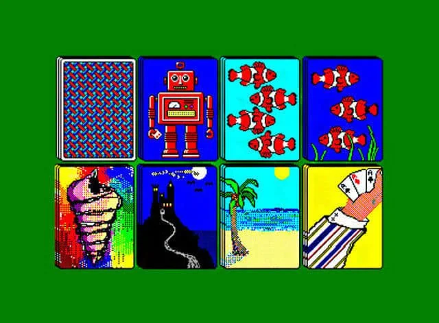 A display of eight colorful cards on a green background. The cards feature a variety of designs including patterns, a red robot, clownfish swimming, a conch shell, a spooky castle, a tropical beach scene, and a hand holding playing cards.