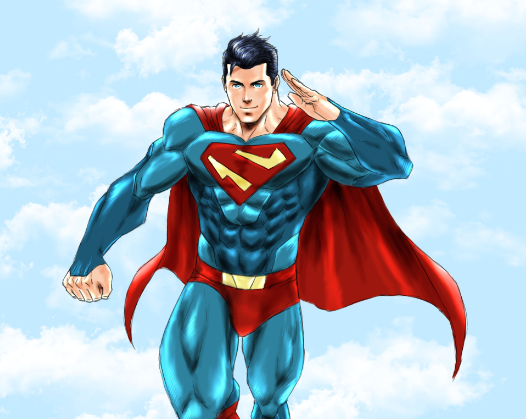 A male superhero with black hair flies through a cloudy sky. He wears a blue suit with a red "N" emblem on his chest, red cape, red trunks, and yellow belt. His right hand is raised to his forehead in a salute while his left arm is bent at the elbow.