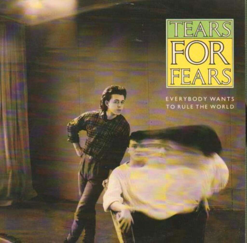 Cover art of Tears for Fears' album "Everybody Wants to Rule the World." It features a standing figure in a plaid shirt looking forward and another figure sitting blurred in motion. The title and band name are on the upper right side with a green and yellow design.